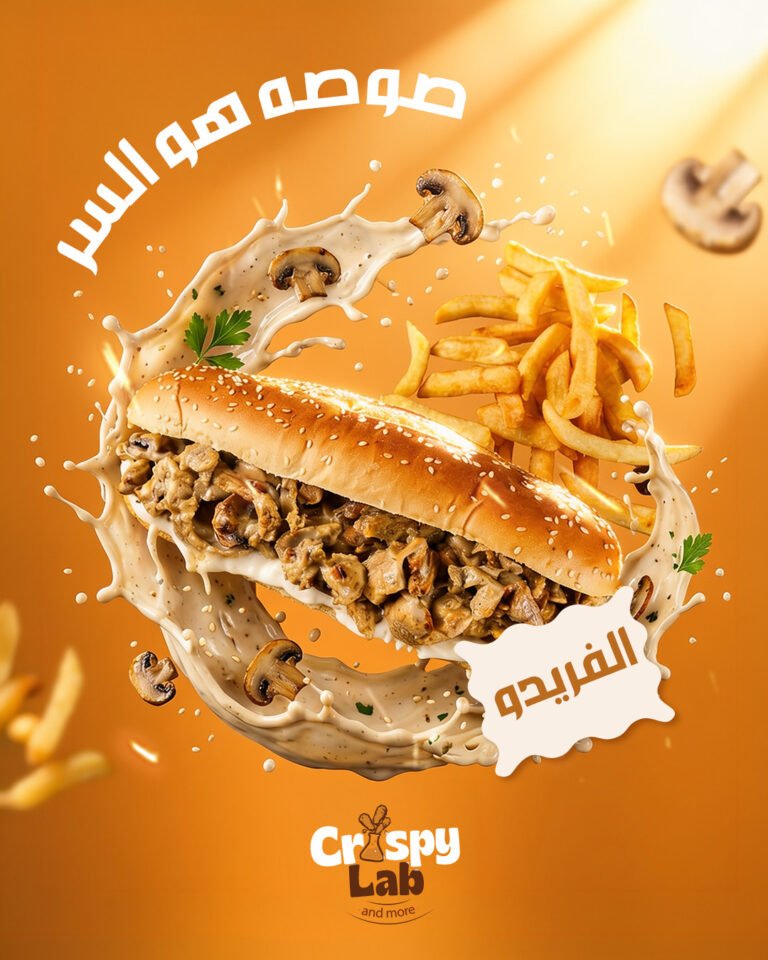 A chicken and mushroom Alfredo sandwich suspended in a swirl of cream sauce, with fries and mushrooms flying around it.