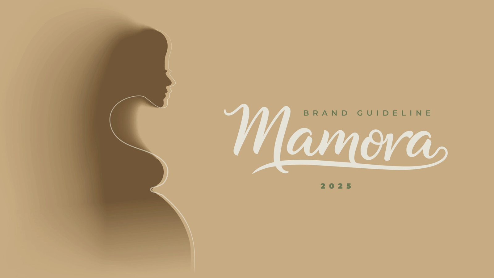The Mamora brand guideline cover: the script logotype on beige, beside a soft silhouette of a pregnant woman.