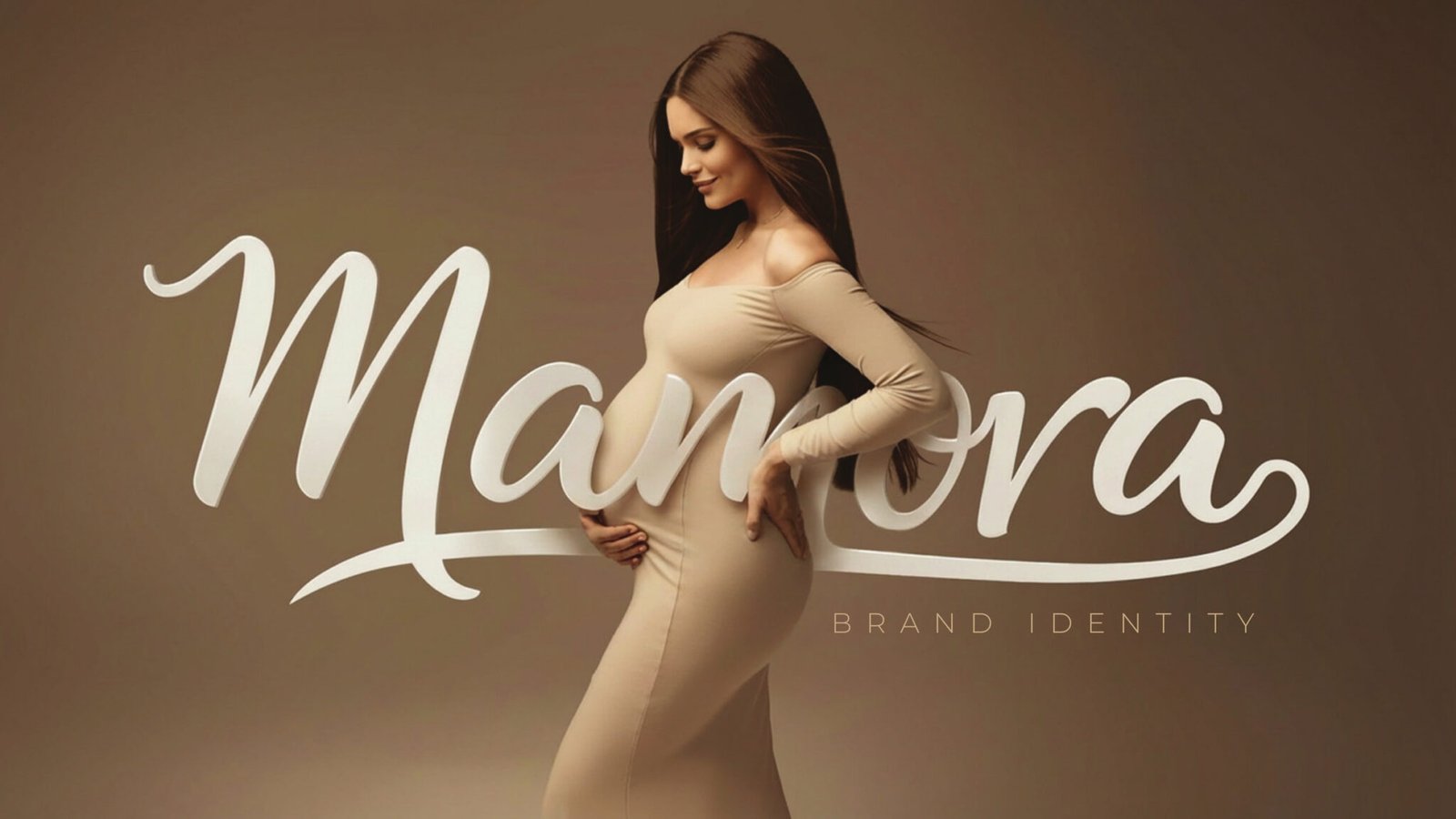 The Mamora script logotype in white over a maternity portrait, captioned brand identity.