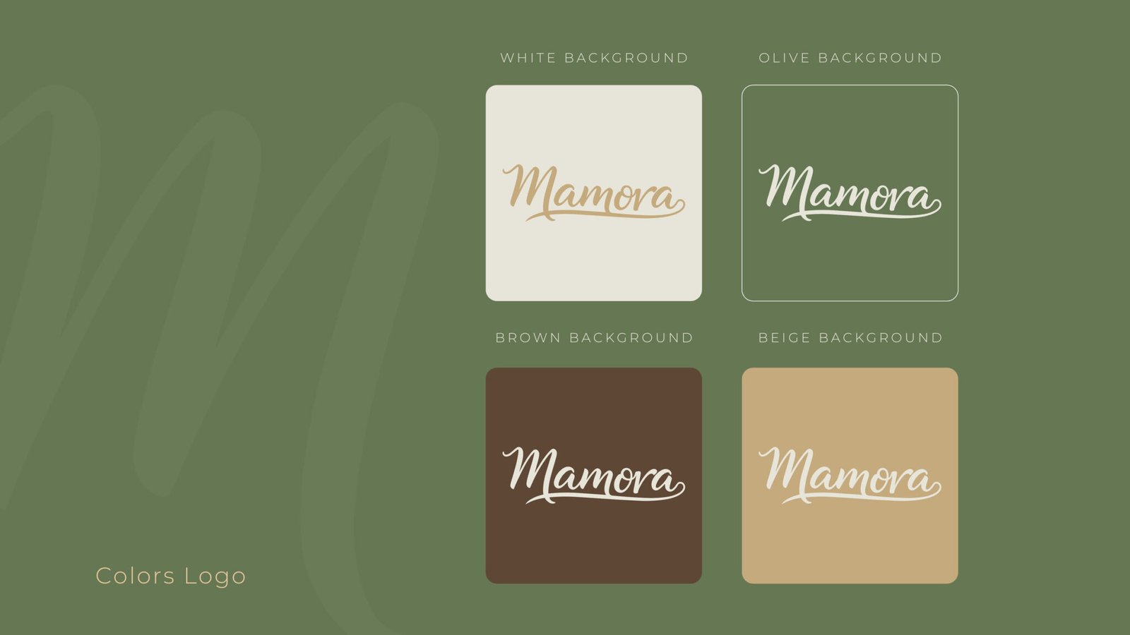 The Mamora logo shown on white, olive, brown and beige grounds.