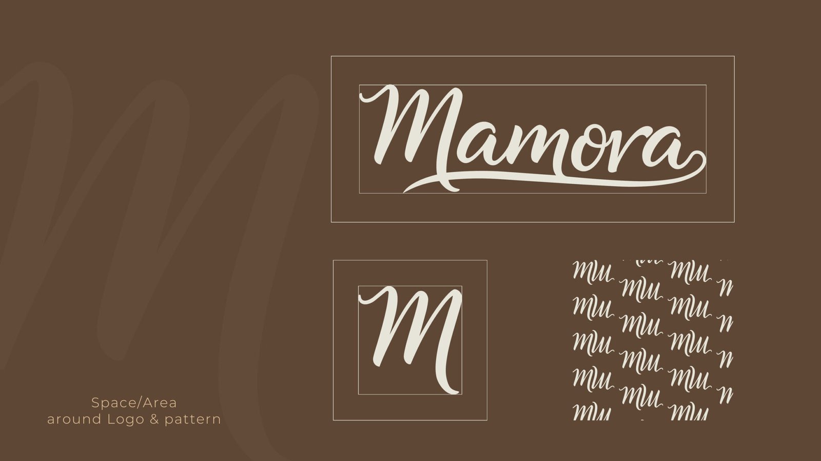Logo construction: clear space around the Mamora logotype, the M monogram, and the repeating pattern built from it.