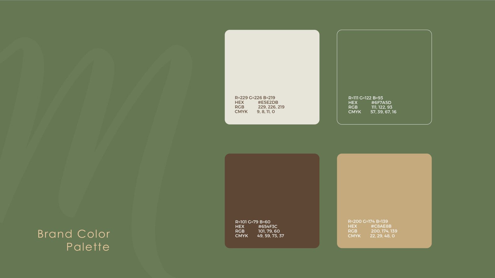 The Mamora colour palette: off white, olive, brown and beige, each with its RGB, hex and CMYK values.