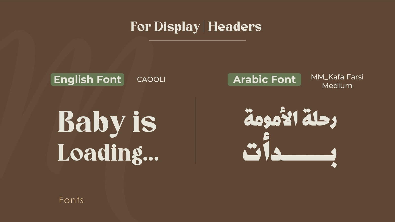 Display type: Caooli for English headlines and MM Kafa Farsi Medium for Arabic, shown at size.