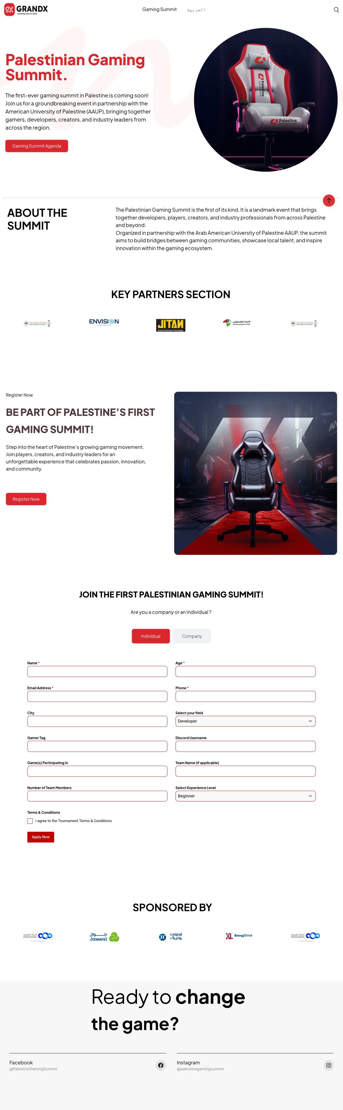Palestine Gaming Summit landing page, full desktop view