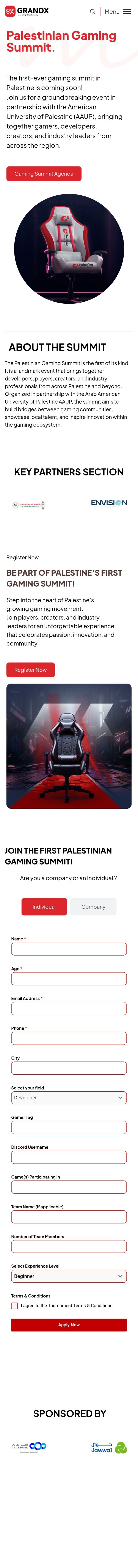 Palestine Gaming Summit landing page, full mobile view