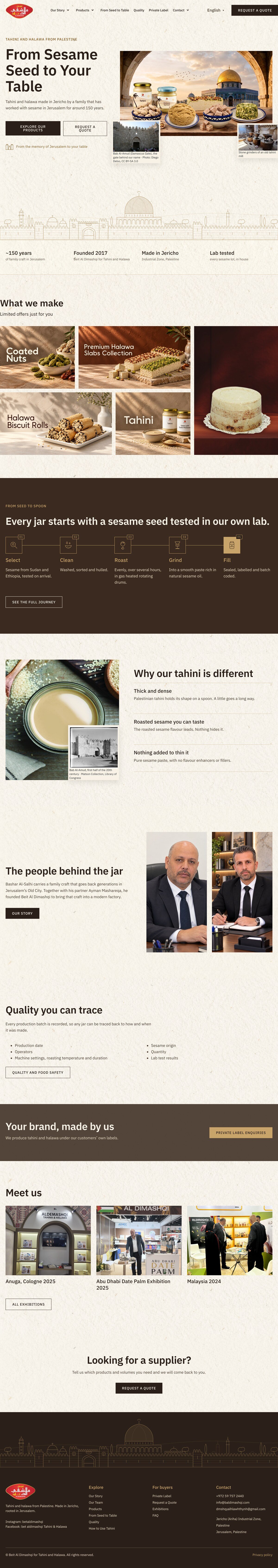 The Beit Al Dimashqi homepage on desktop, from the hero through the production steps to the supplier enquiry.