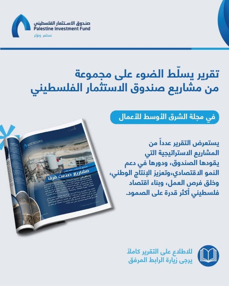 Palestine Investment Fund post introducing a report on a group of the fund's projects